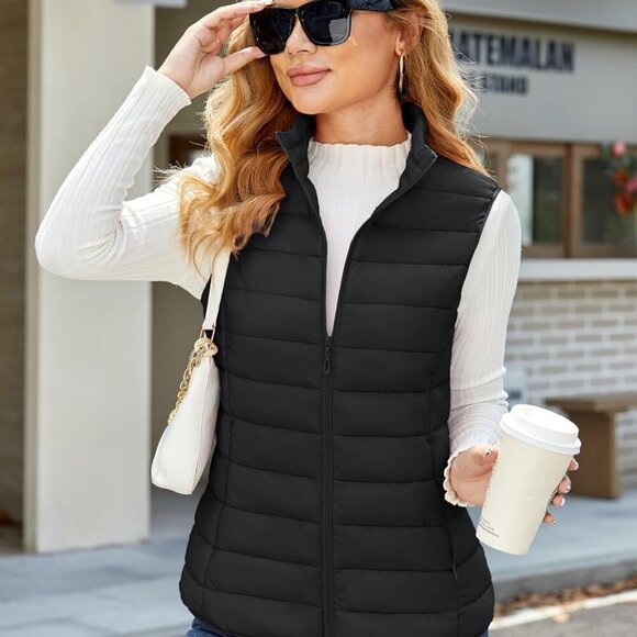 Women's Puffer Vest Lightweight Stand Collar Zip 4 Pockets Puffy Vests Sleeveles - Picture 5 of 6